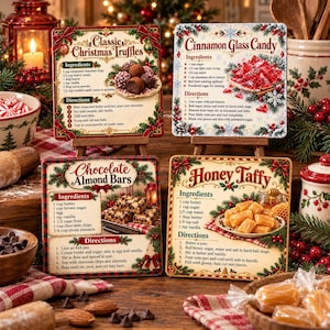 May include: Four square decorative plaques featuring printed recipes for Classic Christmas Truffles, Cinnamon Glass Candy, Chocolate Almond Bars, and Honey Taffy. Each plaque displays ingredients and directions with festive holiday borders.