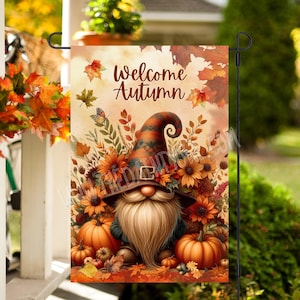 Diseño de bandera de jardín de gnomos otoñales: Calabazas y flores otoñales (descarga digital JPG, 33 x 48 cm)