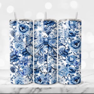 Blue Coquette Bow Chinoiseries Pattern 20oz Skinny Tumbler Sublimation Design PNG Blue Toile Wrap Blue Florals Skinny Wrap Chinoiseries PNG