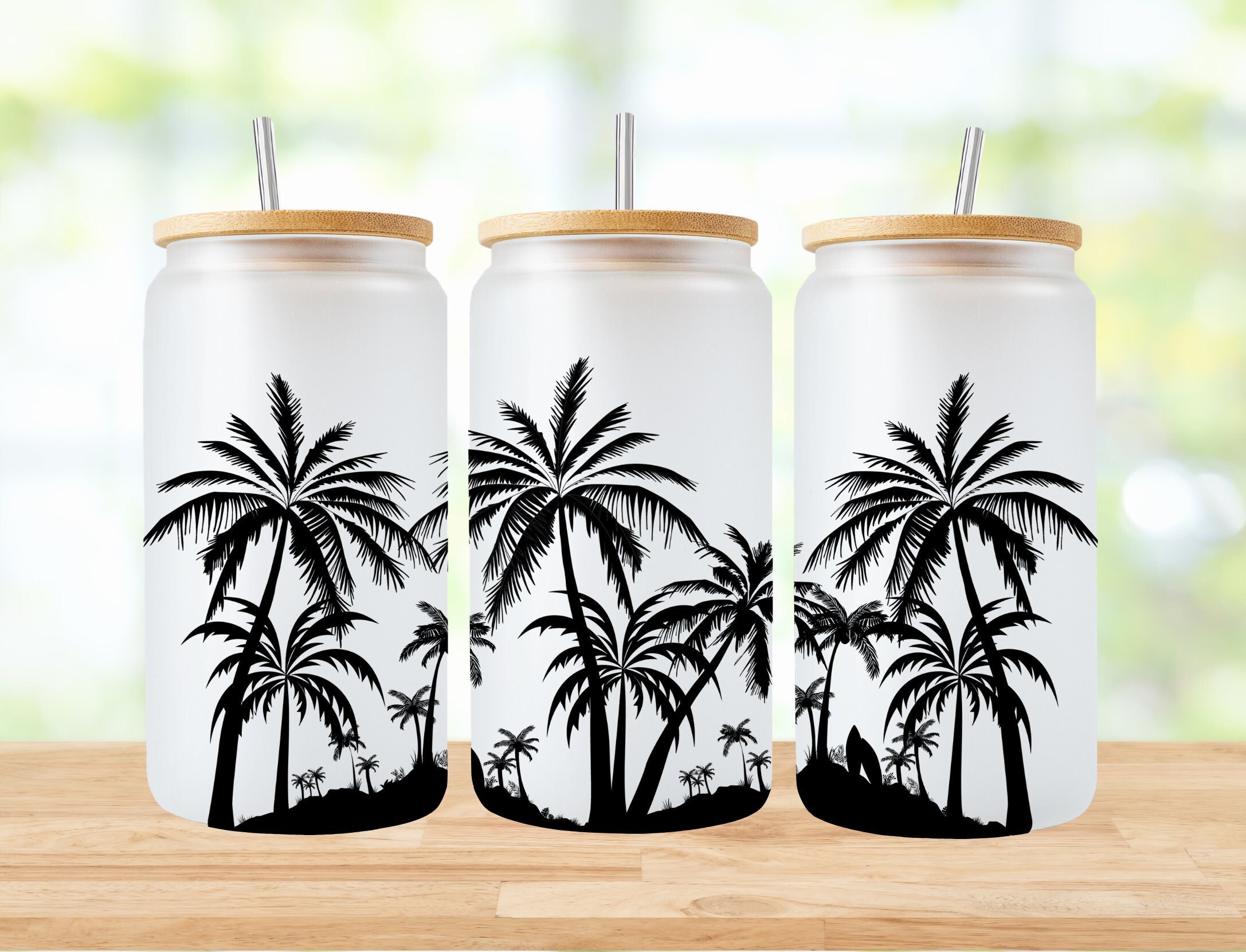 Custom Beach Life Can-shaped Glass, Libbey style cup with bamboo lid and  straw, Perfect gift for travelers, Caravan, sunset