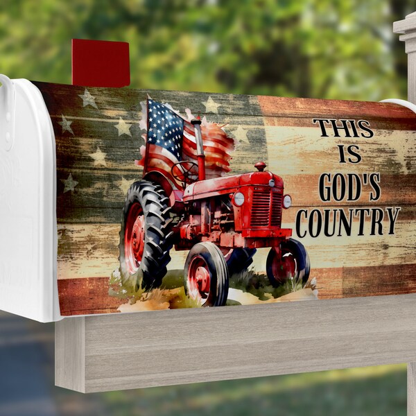 Red Tractor Patriotic Flag Mailbox PNG God's Country Patriotic Mailbox Cover Design PNG Christian Mailbox PNG Vintage Red Tractor Mailbox