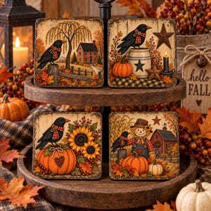 May include: Four square coasters featuring autumn illustrations. One shows a crow on a fence near a house, another a crow on a crock with a star and candle, the third a crow on a pumpkin with sunflowers, and the fourth a scarecrow with a crow and barn.