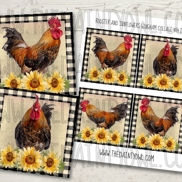 Country Roosters 4x4 Inch Collage Sheet, Coaster Designs, Rooster Ephemera, Junk Journal, Rooster Printable JPG, Sunflowers, Black Gingham