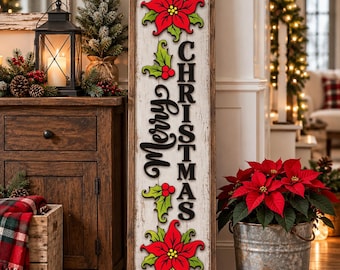 Merry Christmas Poinsettias Laser Sign, Holiday Flowers SVG/PNG Leaner Design (Digital Download)