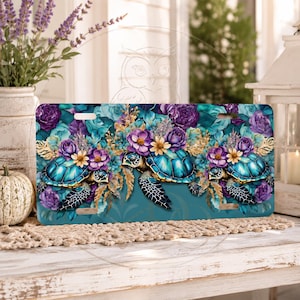 Sea Turtle & Flowers License Plate: Teal Purple Car Decor (PNG Digital Download)