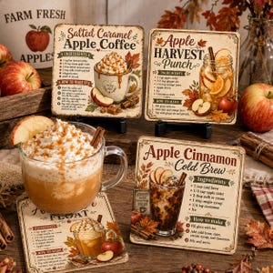 May include: Four square signs featuring recipes for Salted Caramel Apple Coffee, Apple Harvest Punch, Apple Cinnamon Cold Brew, and Apple Float. Each sign displays ingredients and instructions alongside illustrations of the drinks and autumn leaves.