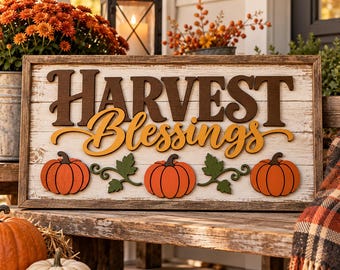 Harvest Blessings Pumpkins Laser File, Autumn Farmhouse Vertical Sign SVG/PNG (Digital Download)