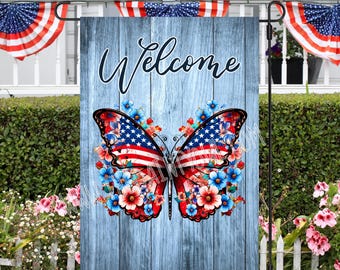 Bandiera da giardino con farfalle patriottiche, design a sublimazione (JPG, PNG)
