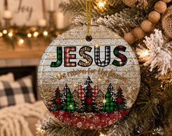 Design für die Sublimation christlicher Weihnachtsornamente: Karierte Bäume, Glitzer (PNG)
