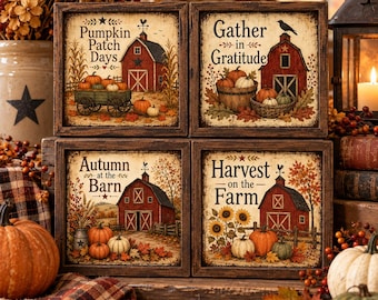 Primitive Red Barn Set, Autumn Prim Art, 4x4 Square Coaster PNG Set (Digital Download)