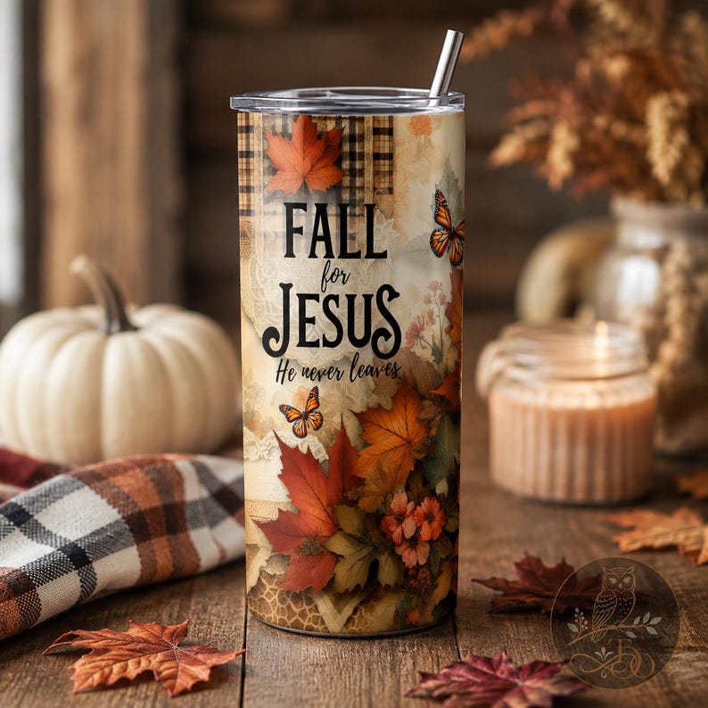 Fall for Jesus 20oz Tumbler Wrap Design: Höstlöv, Kristen tro (PNG) bild 4