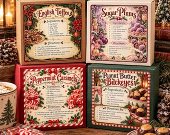 Christmas Candy Recipe Coasters/Labels, Festive Christmas Treats 4x4 Square PNG Set (Digital Download)