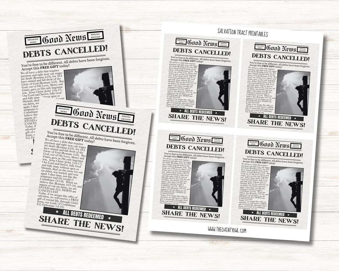 Good News Debt Cancelled Gospel Tract Printable Evangelism Tools Christian Printable Tracts ...