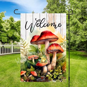 Cottagecore Garden Flag: Frog and Red Mushrooms (13x19 JPG Digital Design)