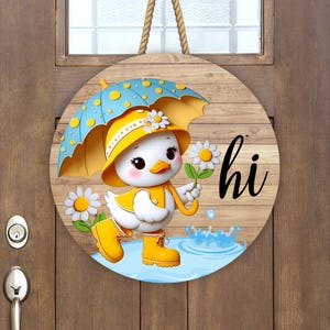 Cute Spring Duck Round Sublimation PNG, Duck and Umbrella Sign, Round Wood Door Hanger PNG, Hardboard Digital File, Hi Spring Rain Duck PNG