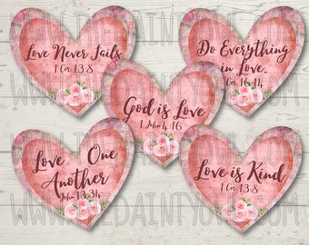 Heart Shaped Scripture Tags, Printable Pink Hearts, Shabby Chic Scripture Collage, Pink Heart Ephemera, Bible Verse Tags, Scripture Hearts