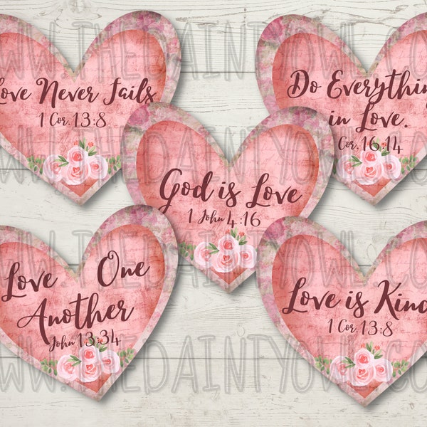 Heart Shaped Scripture Tags, Printable Pink Hearts, Shabby Chic Scripture Collage, Pink Heart Ephemera, Bible Verse Tags, Scripture Hearts