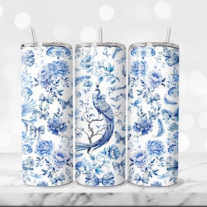 Blue Chinoiserie Pattern 20oz Skinny Tumbler Sublimation Design PNG Blue Toile Designs Peacock Florals Skinny Tumbler Wrap Chinoiserie PNG