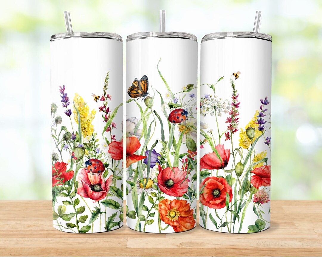 Wildflower Poppies and Ladybugs 20oz Skinny Tumbler Sublimation Design
