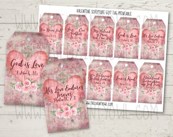 Valentine Scripture Printable Gift Tag Christian Valentine Collage Sheet Shabby Chic Valentine Hang Tag Scripture Love Verses Pink Heart Tag