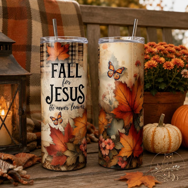 Fall for Jesus 20oz Tumbler Wrap Design: Höstlöv, Kristen tro (PNG) bild 1