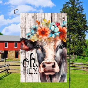 Diseño de sublimación de bandera de jardín con vaca y flores (JPG, PNG)