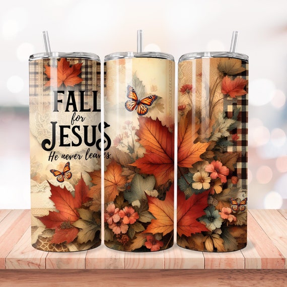 Fall for Jesus 20oz Tumbler Wrap Design: Autumn Leaves, Christian Faith (PNG)