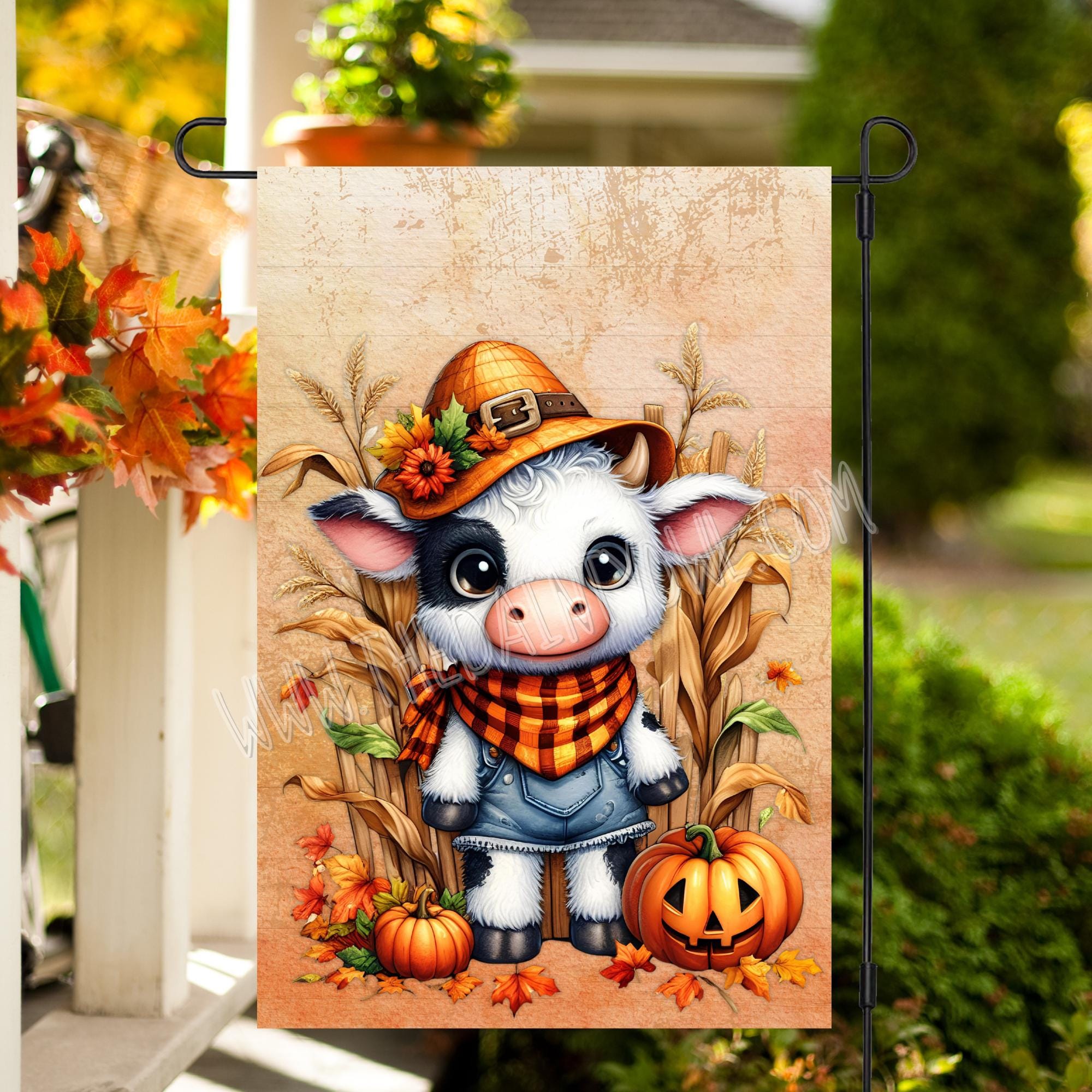 牛かかし秋のガーデンフラッグ：13x19昇華デザイン（JPGデジタル