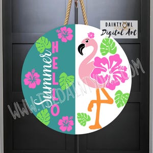 SVG/PNG- Flamingo Door Round, Summer Hello Flamingo Sign, Pink Flamingo Door Hanger, Hardboard Blank Art, Tropical Flamingo Hello Summer SVG