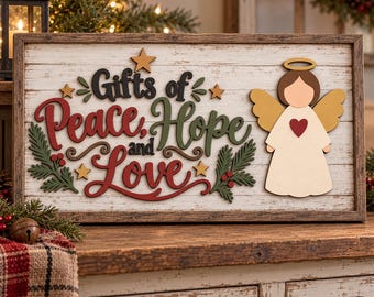 Peace Hope Love Laser File, Primitive Christmas Angel SVG, Holiday Farmhouse Decor (Digital Download)