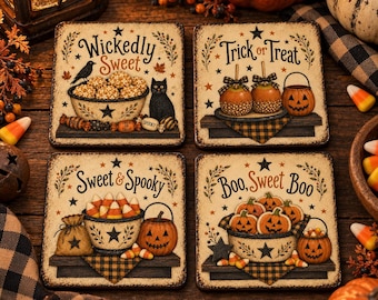 Halloween Treats Mini Prints, Primitive Halloween Printable, 4x4 Coaster PNG Set (Digital Download)