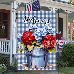 Red Geraniums & Blue Hydrangeas Garden Flag Design (JPG)