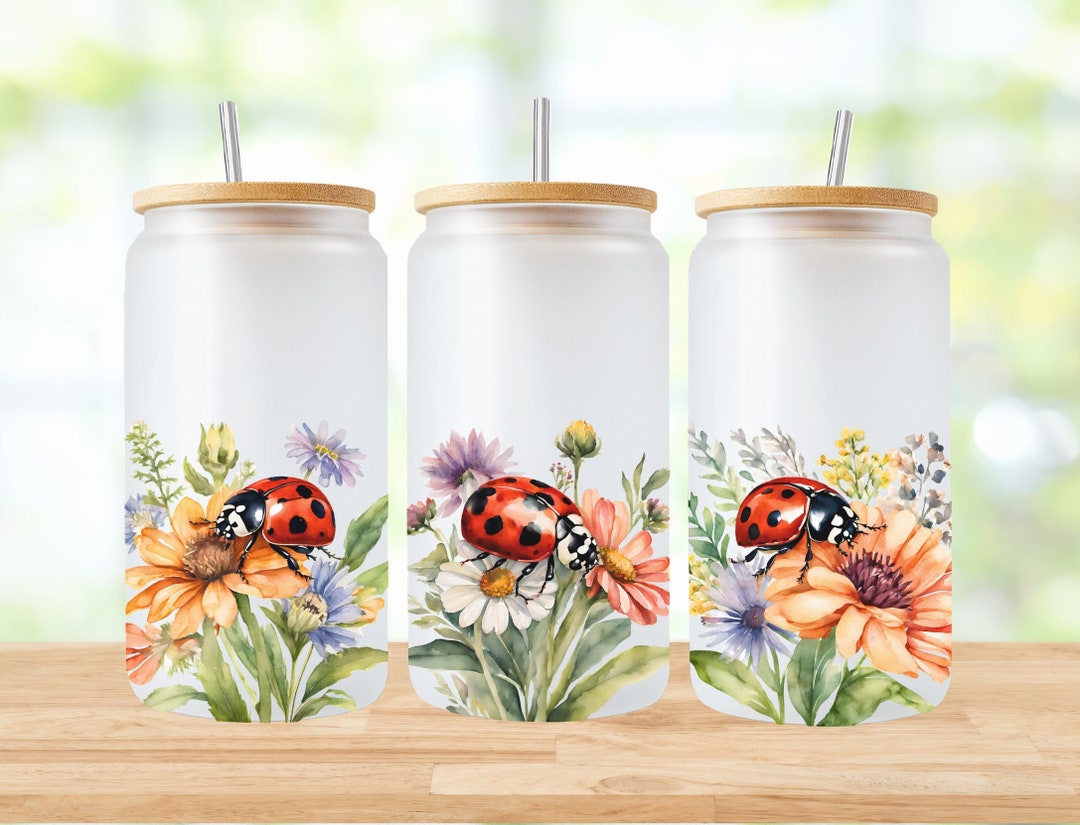 Ladybug Wildflower Glass Can Wrap: 16oz Libbey Sublimation PNG (digital ...
