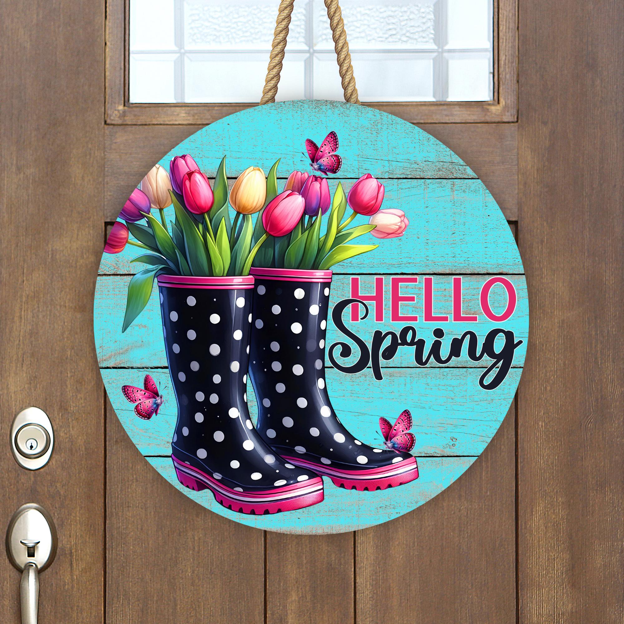 Hello Spring Round Sign PNG: Rainboots & Tulips (digital Download) - Etsy