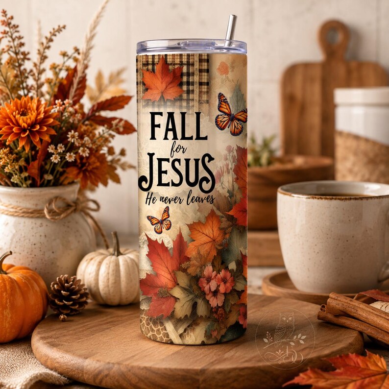 Fall for Jesus 20oz Tumbler Wrap Design: Höstlöv, Kristen tro (PNG) bild 5