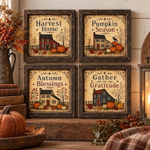 May include: Four square wall signs with dark distressed frames, each featuring a different house illustration and autumn-themed text: Harvest Home, Pumpkin Season, Autumn Blessings, and Gather in Gratitude, accented with pumpkins and fall foliage.