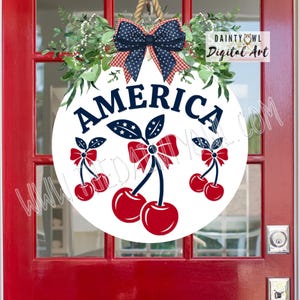 SVG/PNG - Cartel redondo de puerta con cerezas americanas, cartel de cerezas patrióticas, arte de cartón duro en blanco, cerezas americanas coquetas SVG