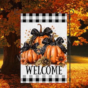 Pumpkins with Black Polka Dot Bows and Black Plaid Digital Design, 13x19 Garden Flag Sublimation Design, Fall Coquette Pumpkins Digital Flag