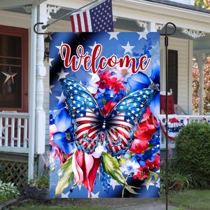 Patriotic Butterfly Garden Flag: Red White Blue Floral Welcome (JPG Digital Design)