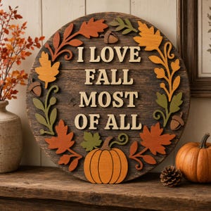 May include: A circular wooden sign with a dark brown finish featuring the text I LOVE FALL MOST OF ALL in light-coloured letters. The sign is decorated with a wreath of painted wooden autumn leaves, acorns, and a central orange pumpkin.