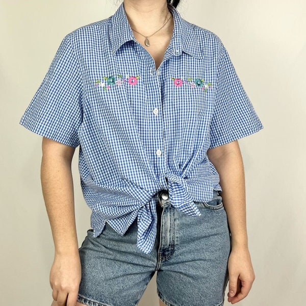 Vintage 90s Blue & White Gingham Floral Embroidery Button Down Shirt Blouse XL