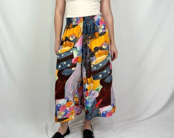 Vintage 90s Abstract Swirly Colorful Funky Wide Leg Midi Palazzo Goucho Pants