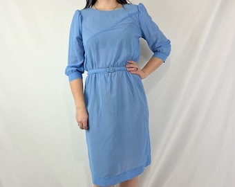 Vintage 70s Light Cornflower Blue Half Sleeve Striped Belted Dress