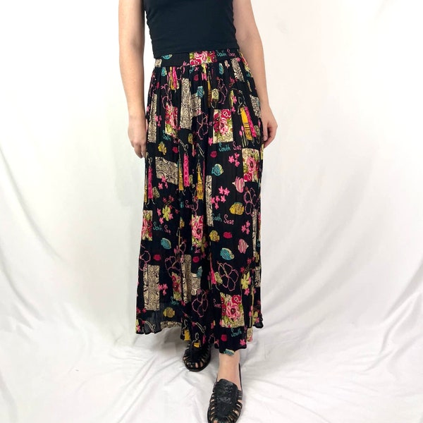 Vintage 90s/Y2K Black Colorful Beachy Print Maxi Skirt 2X