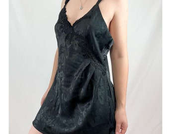 Vintage Victoria's Secret Gold Label Black Beaded Satin Slip Dress Lingerie Nightie M L