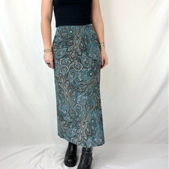 Vintage 90s Blue & Brown Paisley Pattern A Line M… - image 1