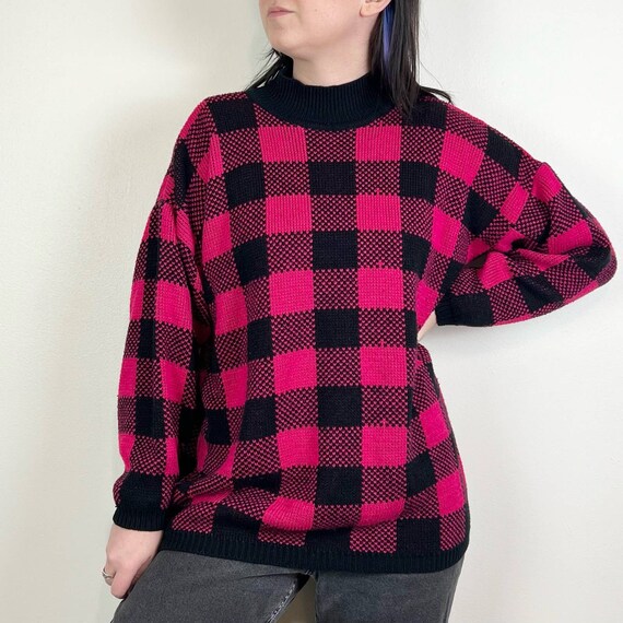 Vintage 80s Hot Pink & Black Checkered Sweater - image 2