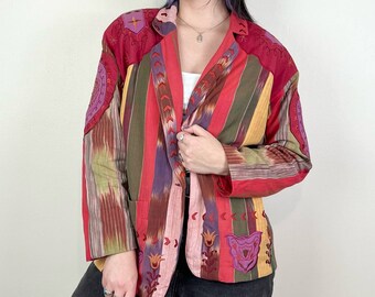 Vintage 90s Colorful Striped Boho Embroidered Blazer