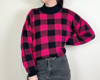 Vintage 80s Hot Pink & Black Checkered Sweater