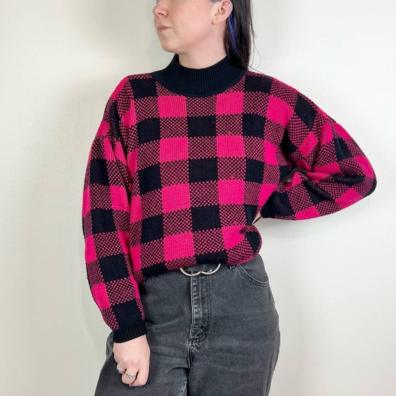 Vintage 80s Hot Pink & Black Checkered Sweater - image 1